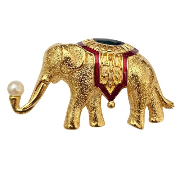 Monet Vintage Elephant Brooch Red Green Enamel Faux Pearl Pin Signed C920